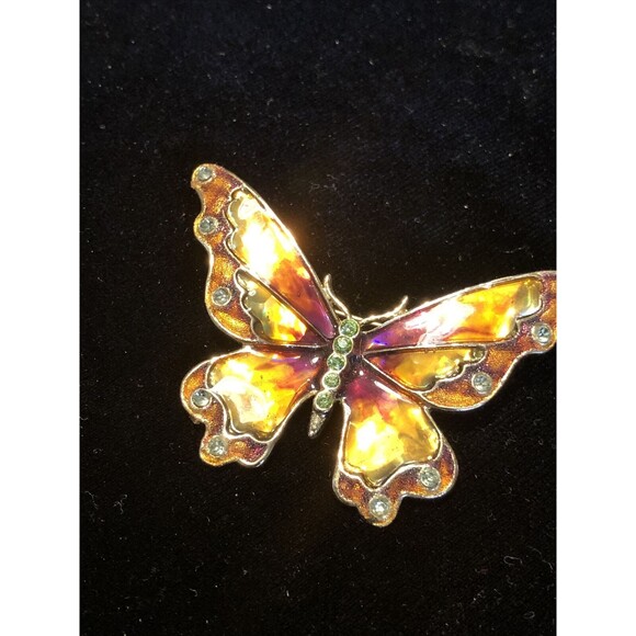 Vtg Monet Monarch Butterfly Brooch Poured Glass Enamel Rhinestone Figural 2.25” - Picture 2 of 6